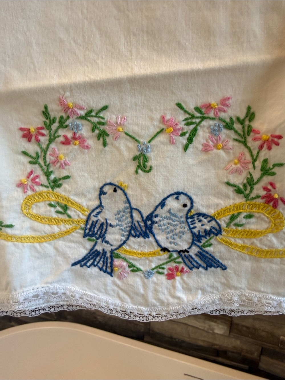 Hand-Embroidered White Cotton pillow case with Blue Bird Motif, 2 pillow cases, - Picture 4 of 4